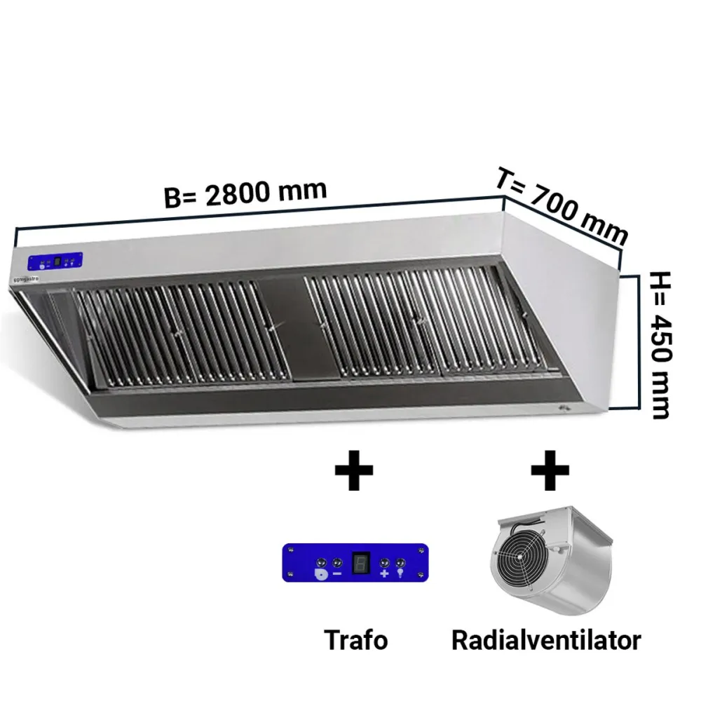 Wandhaube - 2800mm - mit Motor, Regler, Filter & Lampe professioneller Filter