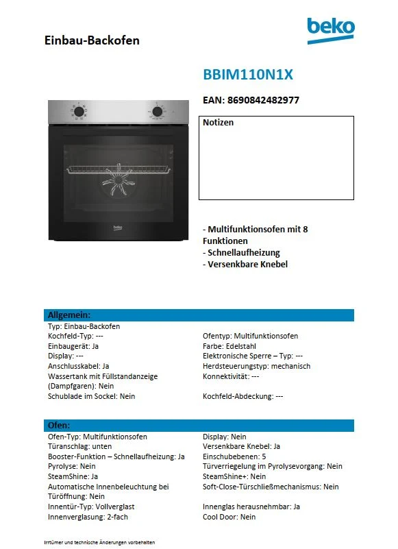 Beko Einbau-Backofen BBIM110N1X Hydrolyse Heißluft Sologerät 66 Liter