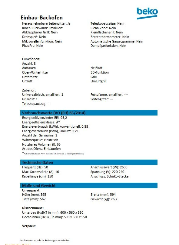 Beko Einbau-Backofen BBIM110N1X Hydrolyse Heißluft Sologerät 66 Liter