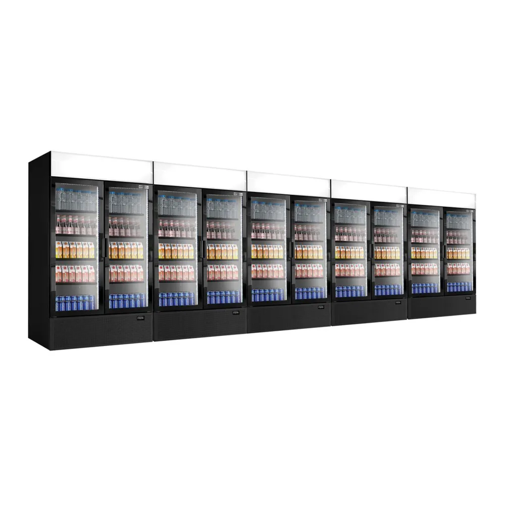 (5 Stück) Getränkekühlschrank - 6000 Liter - rahmenloses Design - mit 10 Glastüren & Werbedisplay mit UV-Schutzglas