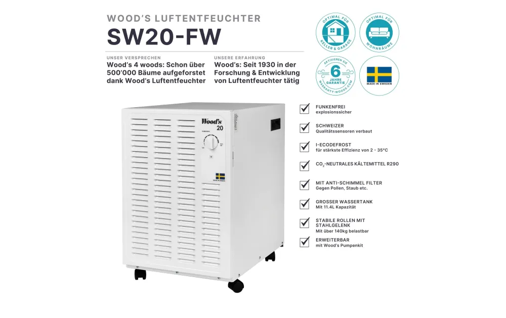 Wood's Luftentfeuchter SW-20FW – 14 L/24 h, bis 90 m², 11,4-Liter-Tank, Hygrostat