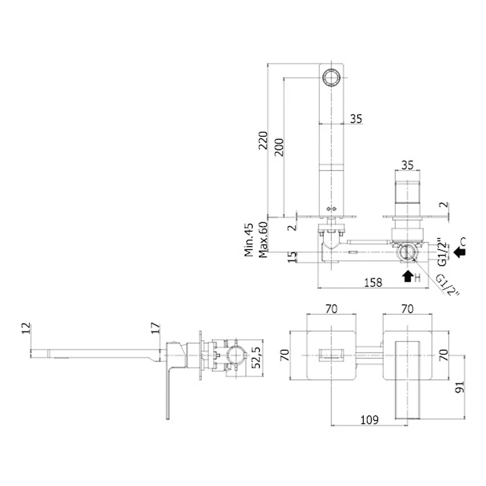 Einbau-Waschtischmischer Paffoni Effe mit Auslauf, Luftsprudler M24x1 - l.200 mm und Stahlplatten